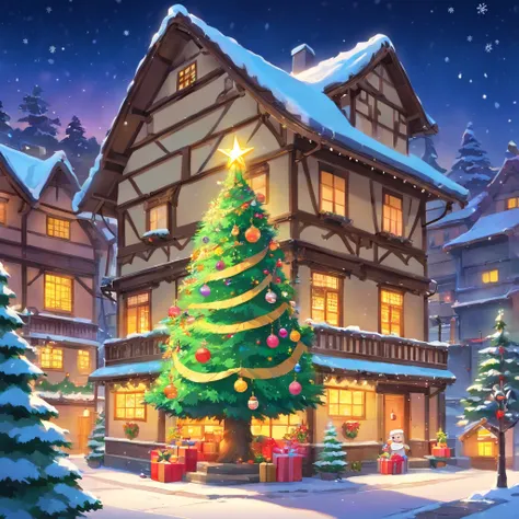 A beautiful and magnificent Christmas tree outside the house。The height of the tree is about 2 meters，Standing in the middle of a spacious and flat garden。The trunk is straight and straight，It is dark brown，and decorated with colored lights，dotted with red...