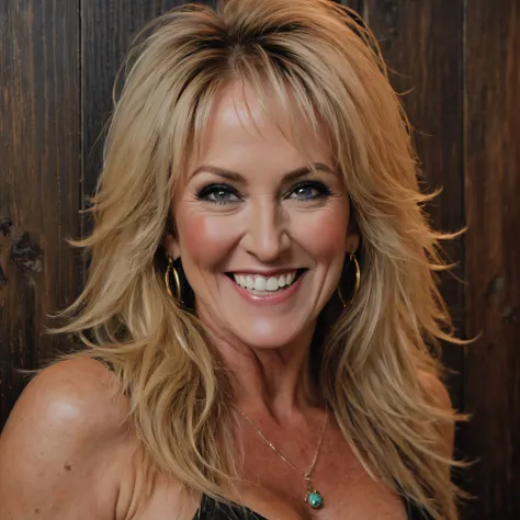 Lita Ford, smiling a big, toothy smile, close-up, facial portrait, a dark, stained wood panel wall in the background, professional quality Oil painting in the art style of Gilbert Stuart, 32k UHD, hyper realistic, photorealistic, realistic, extremely color...