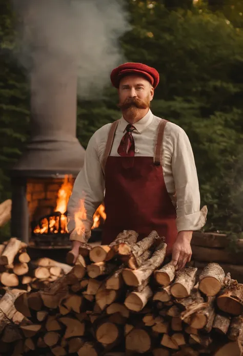 A close-up of FireplaceFrank holding a stack of firewood and wearing a fire-themed apron, standing in front of a rustic outdoor fireplace.,original,FireplaceFrank has red hair and a handlebar moustache