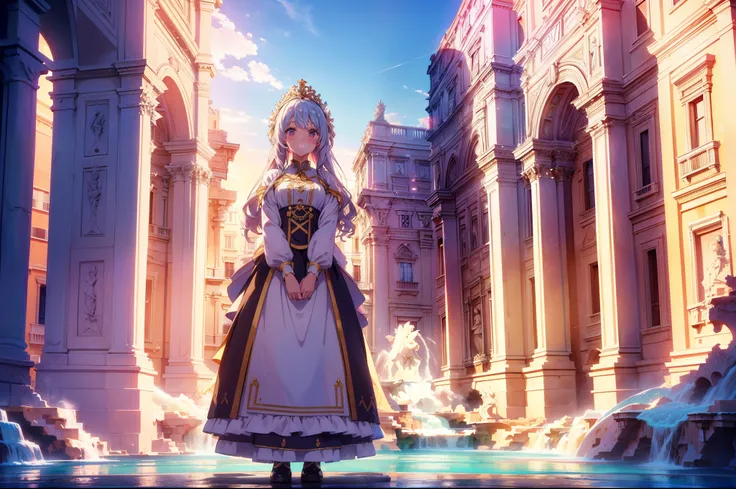 1 cute girl , (italy traditional costume), (standing in front of Trevi Fountain), character focus, smile, sunset, cinematic lighting, high resolution,(incredibly absurdres) ,extremely detailed CG unity 8k wallpaper, ((masterpiece)), ((top-quality)), (beaut...