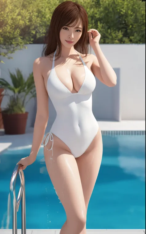 arafed woman in a white swimsuit standing next to a pool, photorealistic perfect body, is wearing a swimsuit, wet swimsuit, realistic bikini, swimsuit, wearing white leotard, smooth anime cg art, swimsuit model, photorealistic anime girl render, smooth 3d ...