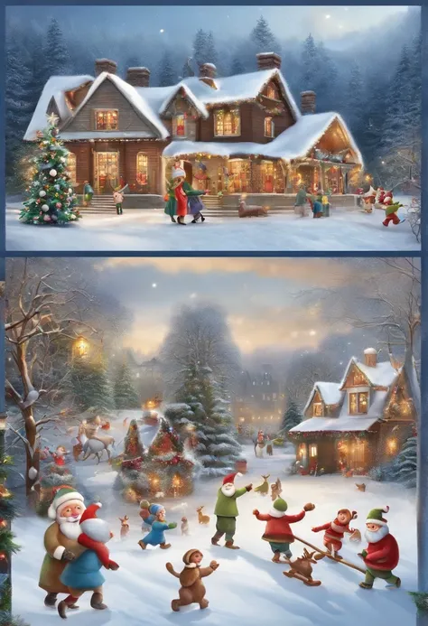 happy dancing people，Wearing Christmas hat and colorful decorations。A child is putting a Santa hat on a snowman，Another child is making snowballs for a snowball fight。in distance，A sleigh pulled by reindeer is parked in front of the house，Santa Claus is wa...