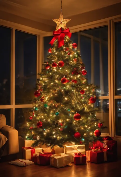 A gorgeous Christmas tree stands tall。The branches are decorated with colorful lights，Let the whole room be filled with warm light。Brilliant colorful balls and shining stars dotted among the branches，It gives a fairytale feeling。 Gifts of all shapes and si...