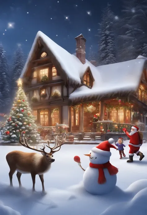 happy dancing people，Wearing Christmas hat and colorful decorations。A child is putting a Santa hat on a snowman，Another child is making snowballs for a snowball fight。in distance，A sleigh pulled by reindeer is parked in front of the house，Santa Claus is wa...