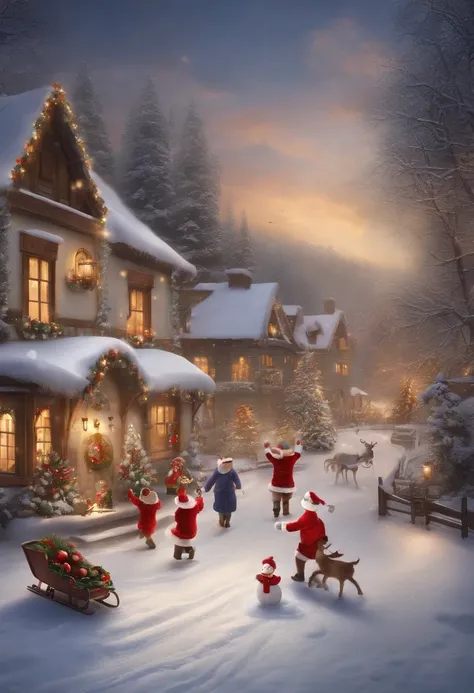 happy dancing people，Wearing Christmas hat and colorful decorations。A child is putting a Santa hat on a snowman，Another child is making snowballs for a snowball fight。in distance，A sleigh pulled by reindeer is parked in front of the house，Santa Claus is wa...