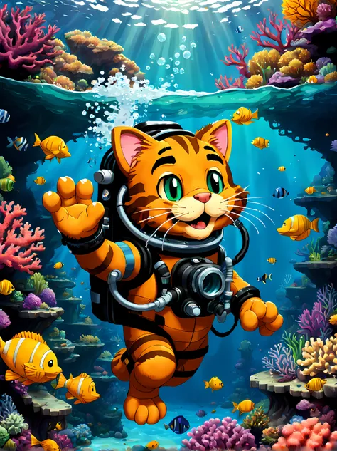 (pixel art:1.3), (solo:1.3), the iconic tabby ((Garfield)) is geared up in a scuba diving suit, complete with flippers and a snorkel mask, with his natural curiosity and love for exploration he plunges into the crystal-clear ocean water, surrounded by colo...