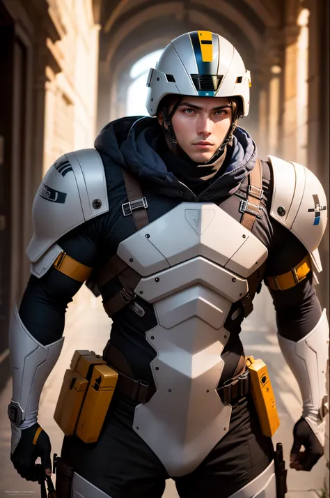 futurist soldier, wearing a futurist combat Helmet,