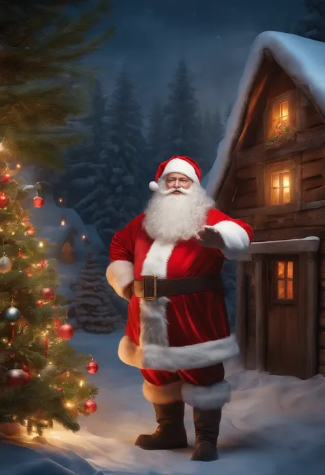 Santa Claus standing in front of a house with a Christmas tree, Santa&#39;s workshop, santa, santa, santa, 8K high quality detail art, Santa Claus inside a rustic barn, Kirill Kotashevs style, By senior artists, author：Master Kanwen, Alexander Kucharsky, d...