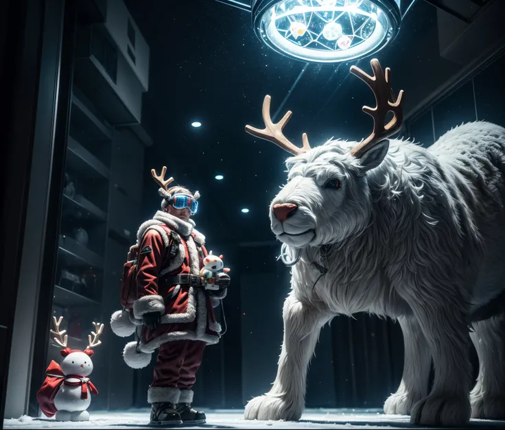 Reindeer, (blind box toy style:1.2), nuttcraker toy, (Full Body Shot) ,  1 Transparent Santa claus, Behind him is a snowman and reindeer, snowflakes, Transparent mecha, Exquisite Helmet:1.2, glowing goggles:1.2, Cyberpunk, Dreamy Glow, Luminous neon lamp, ...