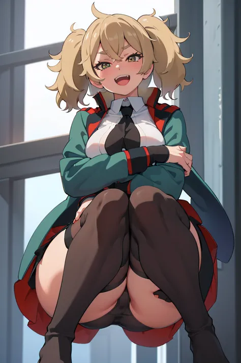 happy smile,furrowed brow,Open mouth,{Shaded face},Renee,{{{pleats skirt}}},blond,twin-tail,covered navel, (bodystocking:1.2), asticassia school uniform, green jacket, shirt, school uniform, crop top, (Black body stockings:1.3)
,Squat ,looking down at view...