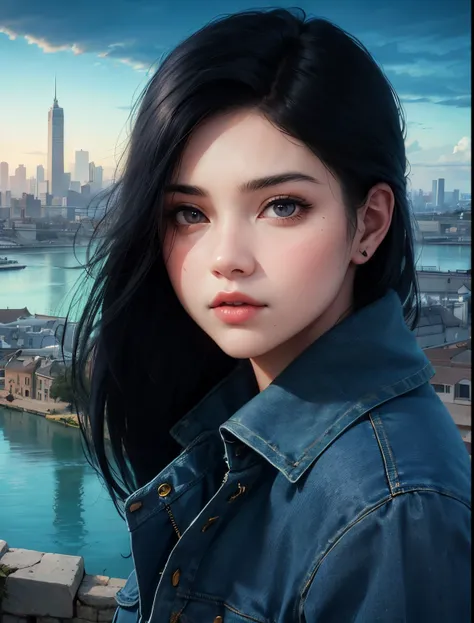 Beautiful woman with black hair. 16 years old. black eyes. Beautiful double eyes. The bridge of my nose. Well-shaped lips. Serious look.Blue jeans on the jacket.A city of a super ancient civilization can be seen in the background.