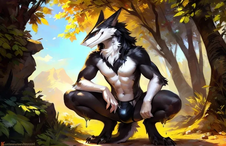 A solo sergal squatting in a all black thong (bulge) in a angelic style, with white slime dripping from his wet body(very elegant) ((male)) (muscles)((black and white)) ((male) (anthro) ([sergal])), hi res, photo-realism, soft shading, (detailed fur: 1.1),...