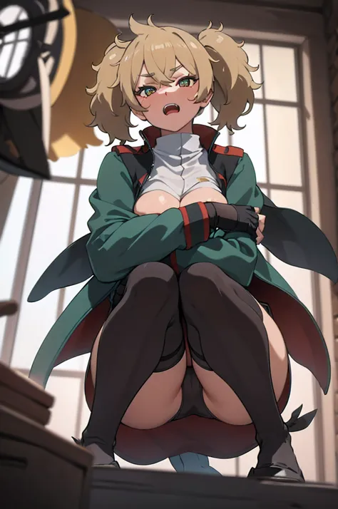 {{{disgusting:1.5}}},furrowed brow,{Shaded face},Renee,{{{pleats skirt}}},blond,twin-tail,covered navel, (bodystocking:1.2), asticassia school uniform, green jacket, shirt, school uniform, crop top, (Black body stockings:1.3)
,Squat ,looking down at viewer...