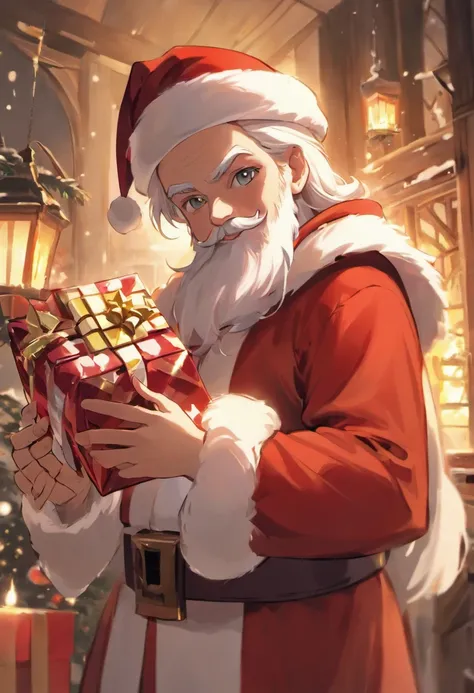 santa：An elder，White beard and white mustache hat，Wearing red Christmas clothes and Christmas hat。 Clear facial features：Santa Claus’s eyes are bright and energetic，ruddy nose，The lips are clearly contoured。 HD picture：The image is of high quality，Details ...