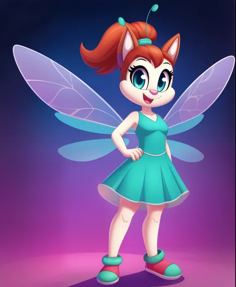 Female husky, bun hair, aquamarine popstar dress, bug antennas, bug wings, tiny toons style, full body view