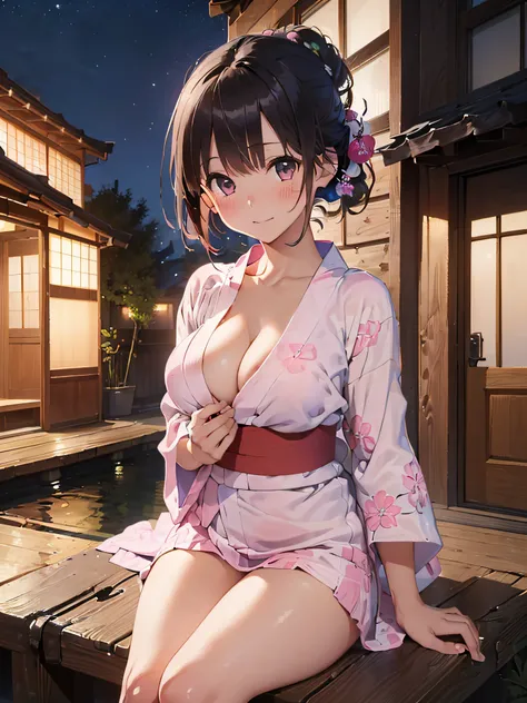 (​masterpiece:2.0), (top-quality:2.0), (sitting naked:1.5), (extremely mini skirt extremely small pink yukata:1.5), (super thin fabric:1.5), (sexypose:1.5), (blushed face:1.3), (barechested:1.3), (realistic:1.5), 1 little girl, precise hands, Embarrassed l...