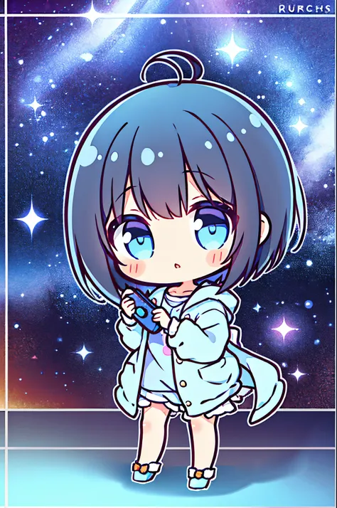 Girl with short black hair　Yume Cute　kawaii cute game nerd　Game Girls　Holding the game console in your hand　fluffy light blue clothes　　Light blue girl　Nightwear　s Pajamas　Little girl　Bangs　Ururus Eyes