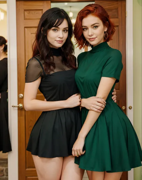 two women in black and green costumes posing for a picture, red hair, black hair