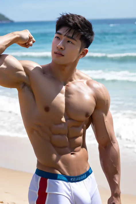 Masterpiece, Best Quality, Solo, Korean Men, beach baground, bodybuilder, Muscular body, big muscle, Natural eyes, Short and delicate hair, Sexy Man, looking up at viewer, mens underwear, Large protrusions, Erection, Muscular posture