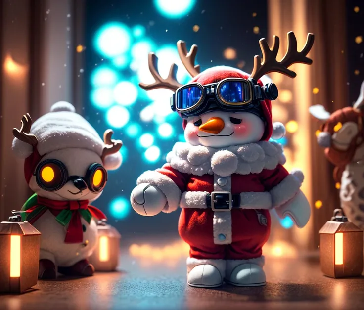 Reindeer, (blind box toy style:1.2), nuttcraker toy, (Full Body Shot) ,  1 Transparent Santa claus, Behind him is a snowman and reindeer, snowflakes, Transparent mecha, Exquisite Helmet:1.2, glowing goggles:1.2, Cyberpunk, Dreamy Glow, Luminous neon lamp, ...