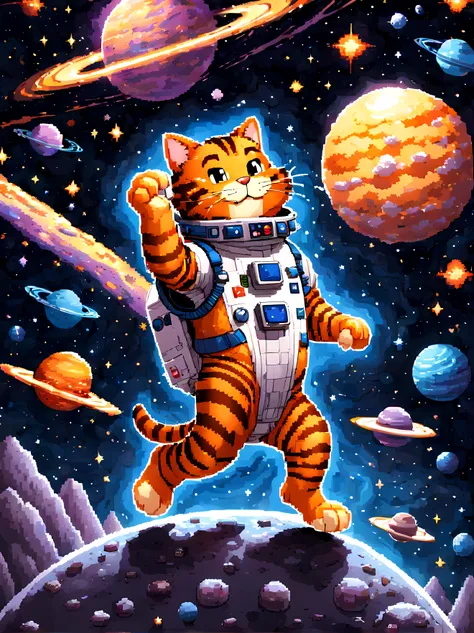 (pixel art:1.3), (solo:1.3), the iconic tabby ((garfield)) wearing a sleek ((spacesuit)), finds himself floating weightlessly am...