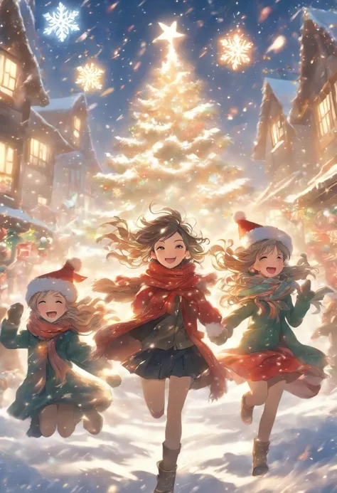 a beautiful winter scene。In the center of the picture is a tall Christmas tree，It is decorated with colorful lights and shining stars，radiates a warm。The tree is covered with various exquisite decorations，like gold and silver balls、Little red riding hood a...