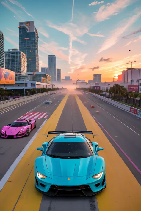 bright sunny day beautiful cloudy sky sunset sports car racing down cyberpunk Miami city streets neon signs and crowds confetti debris dust wind volumetric fog exciting epic action camera, (masterpiece:1.2) (photorealistic:1.2) (bokeh) (best quality) (deta...