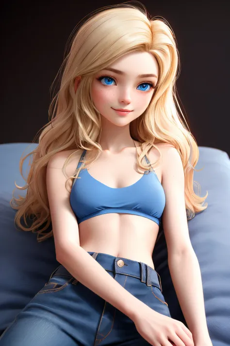 close up 1girl in, Solo, Aesthetic artwork, blond, straight blonde hair, super long blonde hair, light blue eyes,  some small freckles, pale skin, A-cup, small breasts, runners body, (thin hips, thin waist: 1.25), detailed skin, shy smile, (laying down: 1....