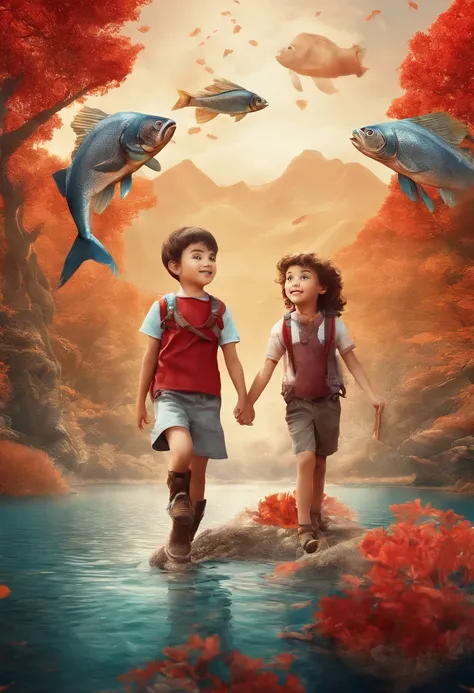 Very beautiful boy and girl respectively riding on fish and flying in the air in the red forest 3D，Large depth of field perspective，Dreamism，Vivid effects and details，Excellent picture quality，A high resolution