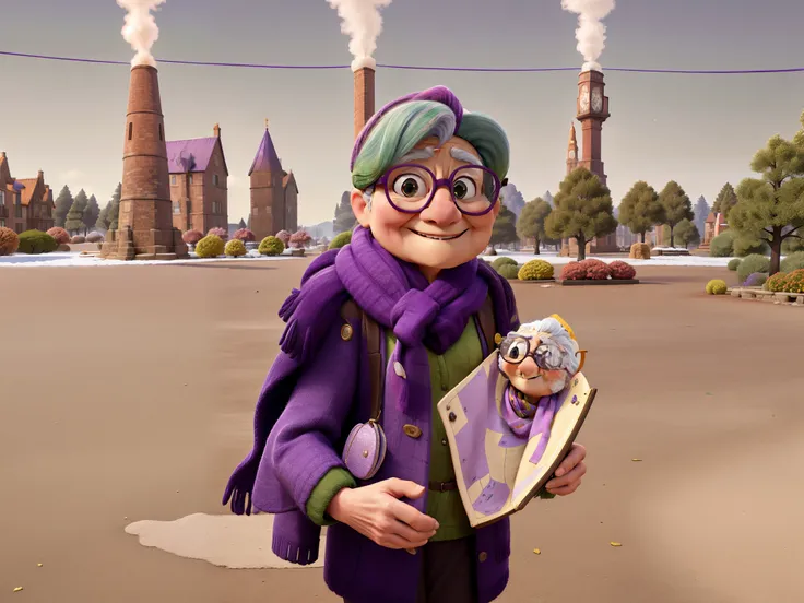 masterpiece, best quality, an old woman with glasses and a scarf on, wearing a purple coat and green scarf, standing at the park