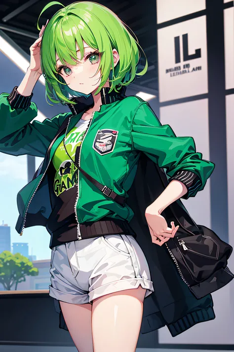 licking a candy、Green hair shortcut、Gamine、put one hand in your jacket pocket、Wearing a jacket、hotpants、The background is a park、Focus on girls、top-quality、