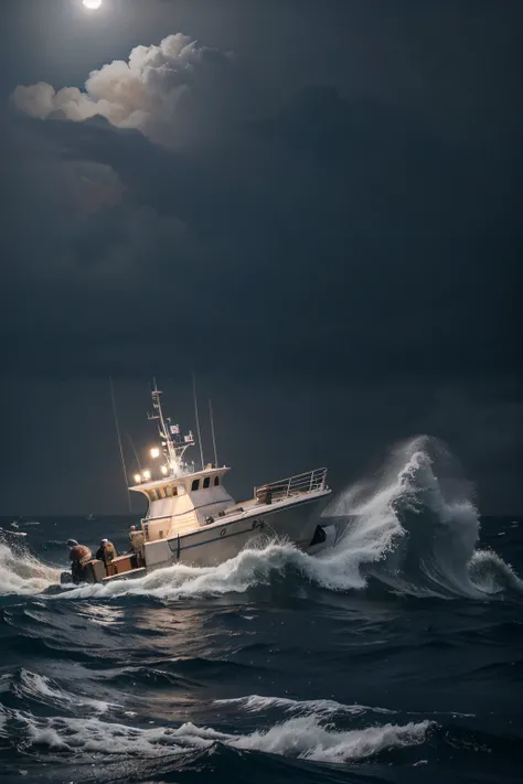 rough sea, at night, 1 small fishing boat, flees from, 1patrol boat, china, the patrol boat fires 1 shell at the fishing boat, it is raining and there is a big storm, from the fishing boat, a young Korean girl flees, in a small lifeboat