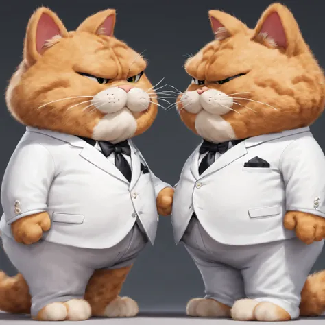 Garfield drawing each other, One was wearing a black suit，The other one is wearing a white suit,in a panoramic view,full bodyesbian,tmasterpiece,8K, Detailed pubic hair,ultra - detailed,Symmetrical face,legs long