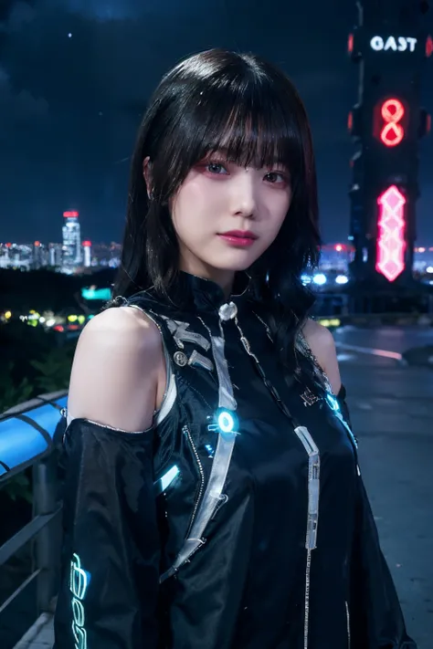 (​masterpiece), top-quality, 超A high resolution,teens girl, Cyberpunk Neon City, City of the Future, parka, ((greyt hair)), Neon Color Shooting Star, Very long hair, off shoulders, neon color, The Flash, stunning night sky, 电影灯光, Photorealsitic, real looki...