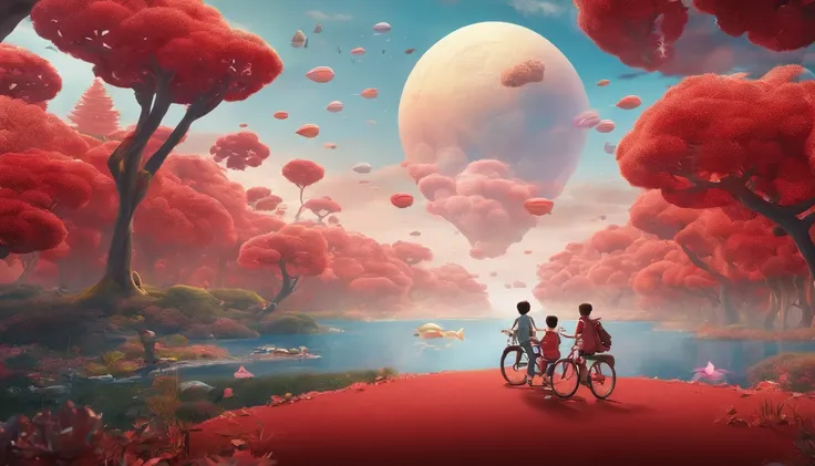 Very beautiful boy and girl 3D，Riding cartoon fish，Flying in the air over the red forest，Large depth of field perspective，Dreamism，Vivid effects and details，Excellent picture quality，A high resolution