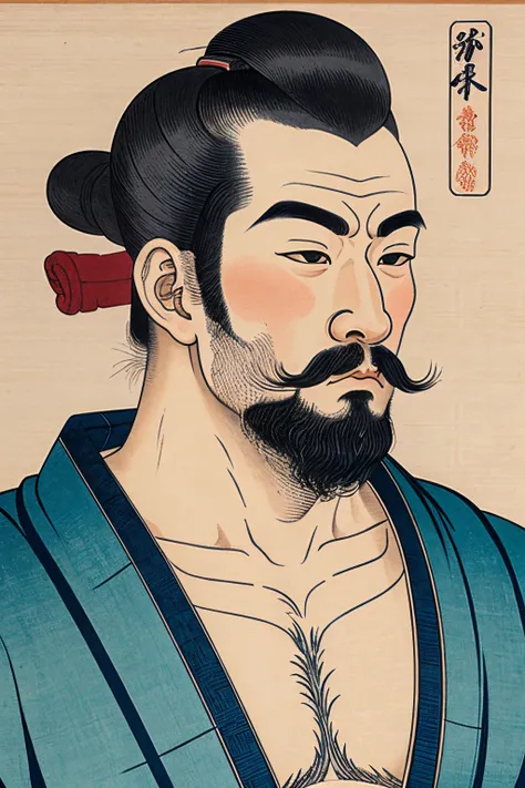 a ukiyo-e of man, in Hokusai Katsushika, front face, no background