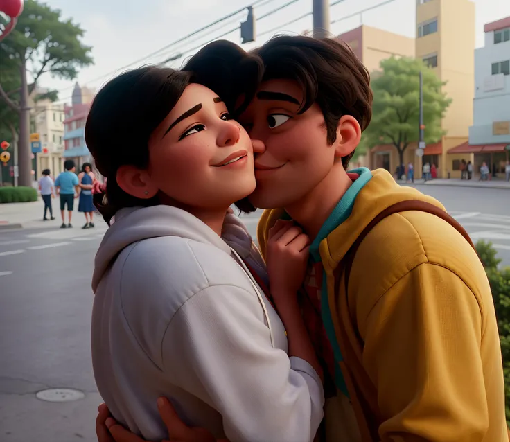 there is a man and woman kissing each other on the street, they are in love, kissing together cutely, by Robbie Trevino, karla ortiz, taken with sony alpha 9, hug, couple kissing, by Amelia Peláez, tyler edlin and natasha tan, jordan grimmer and natasha ta...