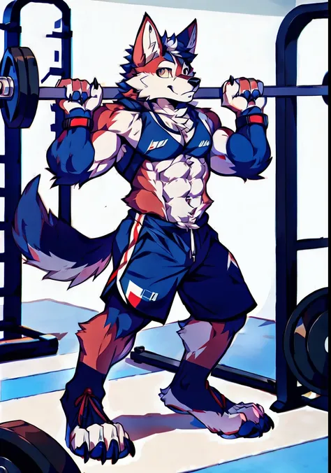 Human-wolf，musculous，Full Body Furry，paws with claws，pass upright，Working out in a gym