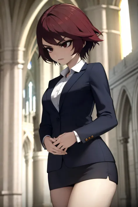 young woman, short hair, red eyes, wearing suit, pale skin, 4k, in a cathedral, masterpiece, serious face, hd