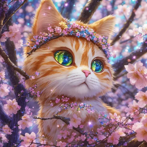 Colorful，Fairytale,Wonderful and magical，Movie character rendering，8K分辨率，Sequins，Sparkling，［cherry blossom forest］，rays of moonlight，Cute chibi kawaii,Close-up portrait of a Garfield cat，詳細な目，The large, Round, Reflective eyes，