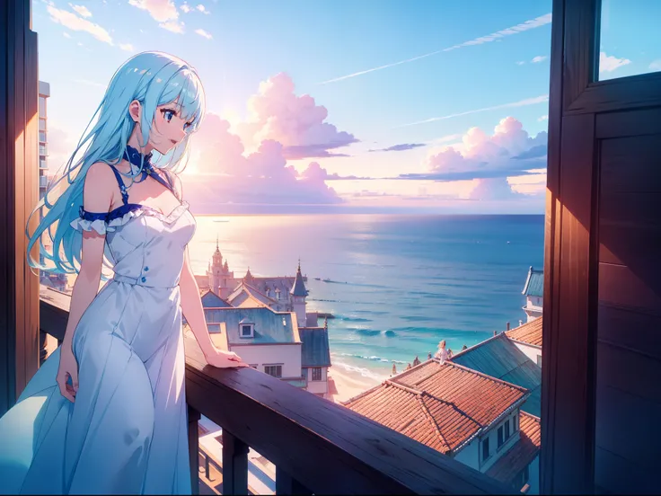 1 cute girl ,(leaning over from balcony), at a high place , looking away, character focus, from side, wide shot , smile, open mouth, (Ocean in distance) ,blue sky, sunlight, cinematic lighting, high resolution,(incredibly absurdres) ,extremely detailed CG ...