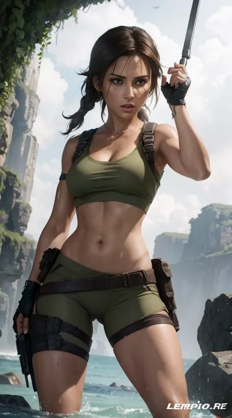 Lara de Tomb Raider, "Rise of the Tomb Raider face" Olhos determinados, Luz Suave, 4k, tiro de corpo inteiro, usando short preto, usando regata preta, usando botas pretas