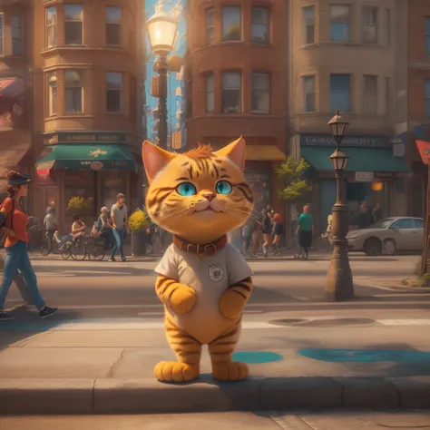 (best quality,4k,highres,masterpiece:1.2),ultra-detailed,realistic,photorealistic:1.37,Garfield,cat with a shirt and shorts,wearing casual clothes,sunny city street,relaxed pose,walking confidently,smiling,curious eyes,playful expression,vivid colors,bokeh...