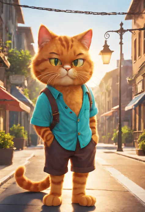 Garfield，cat wearing shirt and shorts，wearing casual cloths，Sunny city streets，relaxed posture，Walk with confidence，Naughty expression，Vivid colors，Street lamps that illuminate the site，Subtle warm tones,（best qualtiy，4k，Tall structures，tmasterpiece：1.2），h...