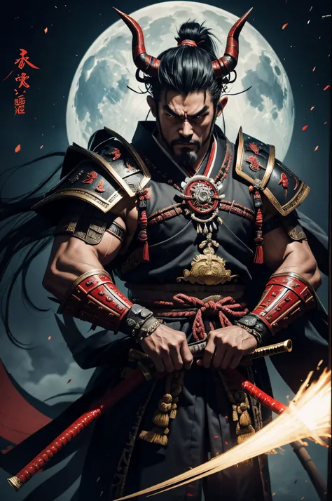 8K,There&#39;s a demon man with a big metal club, three horned demon villain, samurai with demon mask, Devil Samurai, demon samurai warrior, Demon Samurai, , muscular macho body,portrait onmyoji, samurai portrait, Samurai portrait photography, feudal japan...