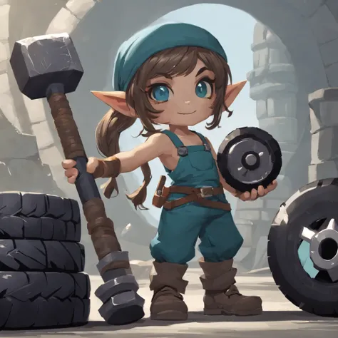 Female yordle tire repairman，Long double ponytail hairstyle，In his left hand he holds a huge hammer，Holding tire in right hand，middle earth,mito,