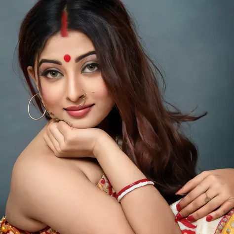 a close up of a woman with a red nose ring and a red nose ring, traditional beauty, assamese, by Bikash Bhattacharjee, wearing bihu dress mekhela sador, assamese aesthetic, actress, very attractive and beautiful, photoshoot, inspired by Bikash Bhattacharje...