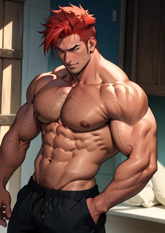 there is a man with red hair and a cross on his chest, muscular!!, muscular character, anime handsome man, in billy herrington body, naoki ikushima, muscular!, muscular male, muscular male hero, beefcake pose, muscular!!!, muscular! fantasy, mid-shot of a ...