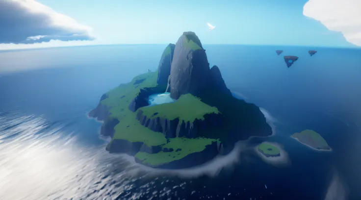 there is a small island with a green island in the middle of the ocean, island with cave, myst island, rendered in unrealengine, rendered in unity 3d, flying island, an island floating in the air, scattered islands, island in the background, stylized as a ...