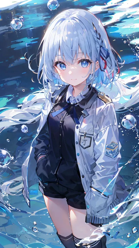 ((top-quality)), ((​masterpiece)), ((ultra-detailliert)), (Extremely delicate and beautiful), girl with, 独奏, cold attitude,((Black jacket)),She is very(relax)with  the(Settled down)Looks,depth of fields,Evil smile,Bubble, under the water, Air bubble,Underw...